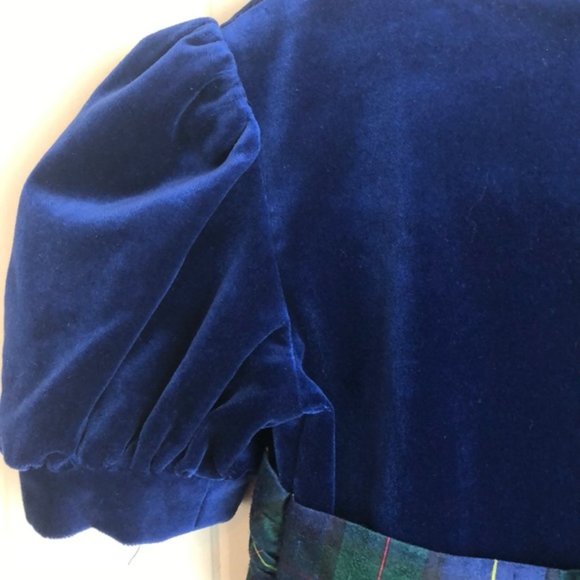 Vintage 80s Blue Girls Velvet Silk Party Dress - Picture 4 of 6